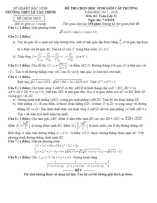 Đề thi chọn HSG lớp 11 môn Toán cấp trường năm 2017 2018 trường Lê Văn Thịnh Bắc Ninh