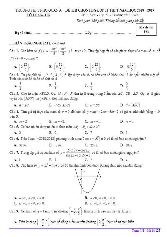 Đề thi chọn HSG lớp 11 môn Toán năm 2018 2019 trường Nho Quan A Ninh Bình
