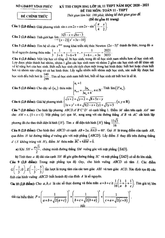 Đề thi chọn HSG lớp 11 môn Toán năm 2020 2021 sở GD ĐT Vĩnh Phúc