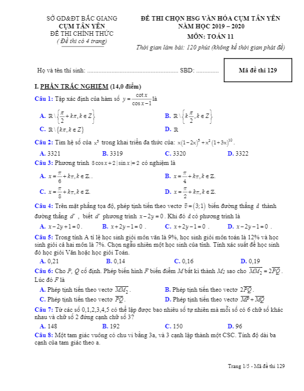 Đề thi chọn HSG lớp 11 môn Toán năm học 2019 2020 cụm Tân Yên Bắc Giang
