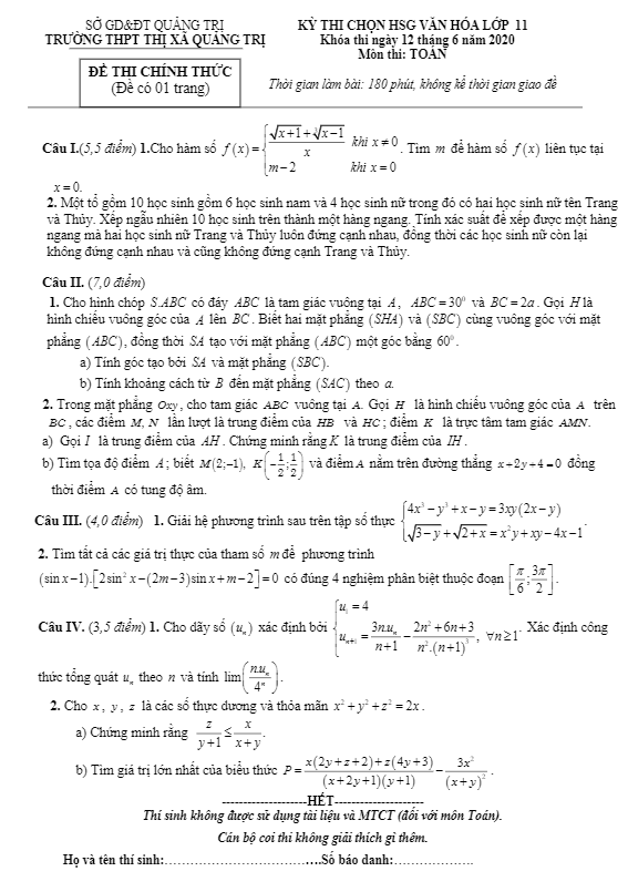 Đề thi chọn HSG lớp 11 môn Toán năm học 2019 2020 trường THPT thị xã Quảng Trị
