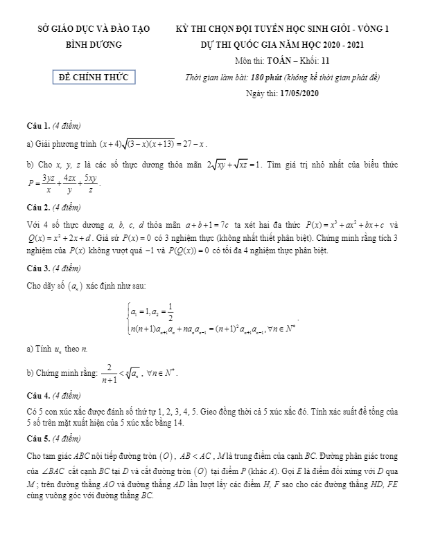 Đề thi chọn HSG lớp 11 môn Toán vòng 1 năm học 2020 2021 sở GD ĐT Bình Dương