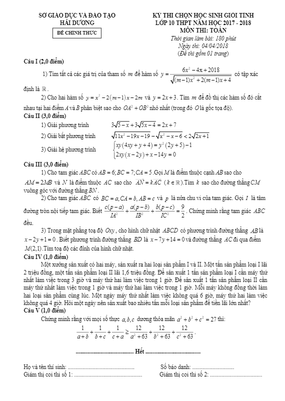 Đề thi chọn HSG tỉnh lớp 10 môn Toán THPT năm 2017 2018 sở GD và ĐT Hải Dương