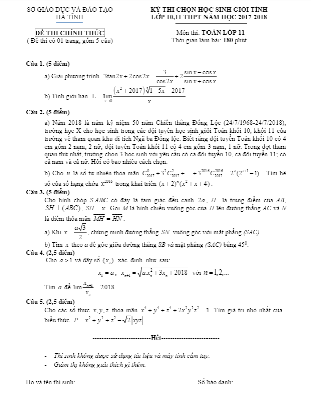Đề thi chọn HSG tỉnh lớp 11 môn Toán năm học 2017 2018 sở GD và ĐT Hà Tĩnh
