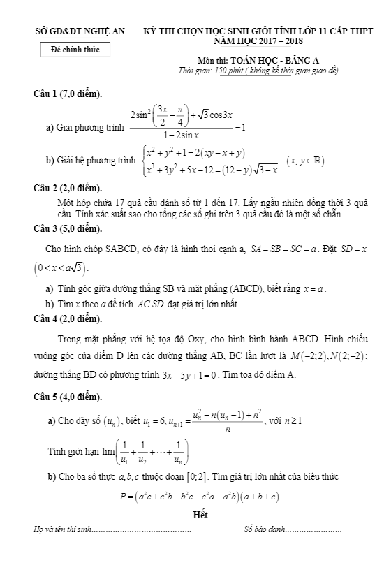 Đề thi chọn HSG tỉnh lớp 11 môn Toán THPT năm 2017 2018 sở GD và ĐT Nghệ An (Bảng A)