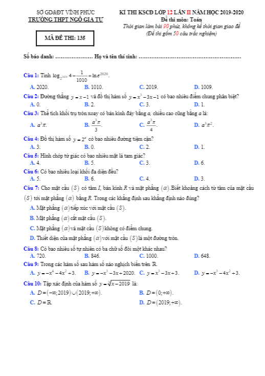 Đề thi chuyên đề lớp 12 môn Toán lần 2 năm 2019 2020 trường Ngô Gia Tự Vĩnh Phúc