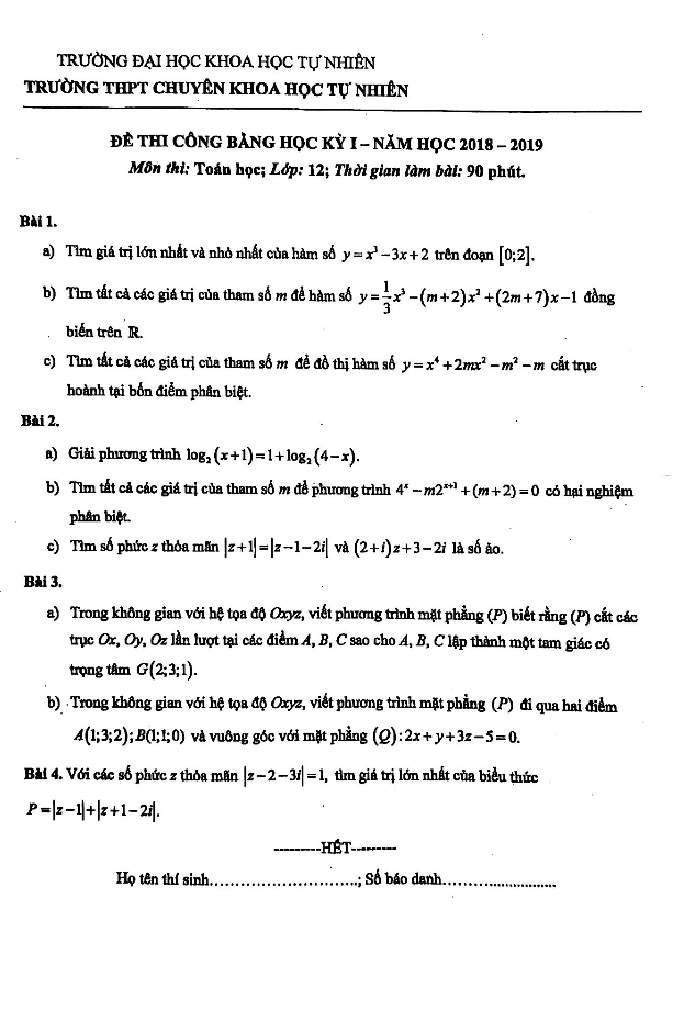 Đề thi công bằng học kì 1 (HK1) lớp 12 môn Toán năm học 2018 2019 trường THPT chuyên KHTN Hà Nội