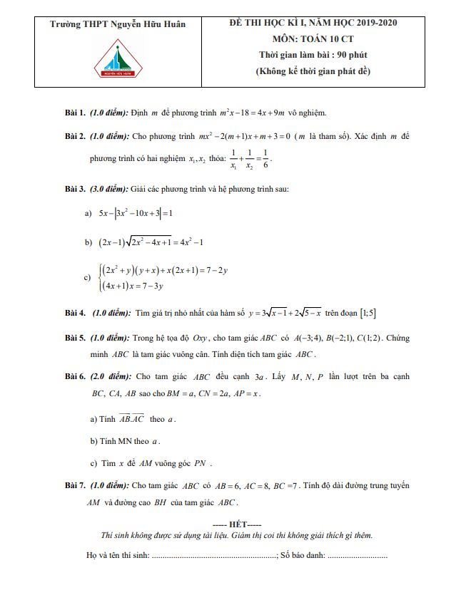 Đề thi cuối học kì 1 (HK1) lớp 10 môn Toán năm 2019 2020 trường THPT Nguyễn Hữu Huân TP HCM
