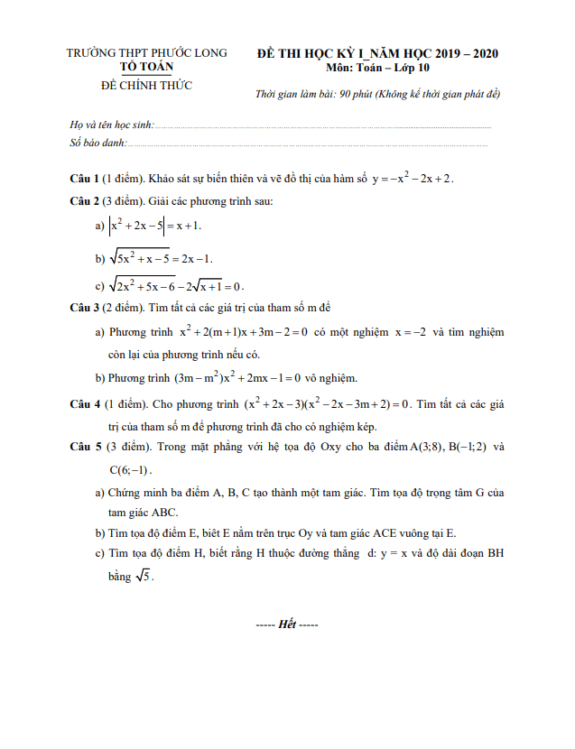 Đề thi cuối học kì 1 (HK1) lớp 10 môn Toán năm 2019 2020 trường THPT Phước Long TP HCM