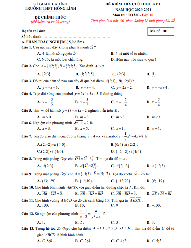 Đề thi cuối học kì 1 (HK1) lớp 10 môn Toán năm 2020 2021 trường THPT Hồng Lĩnh Hà Tĩnh