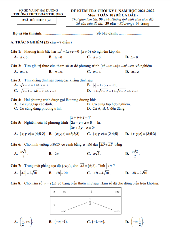 Đề thi cuối học kì 1 (HK1) lớp 10 môn Toán năm 2021 2022 trường THPT Đoàn Thượng Hải Dương