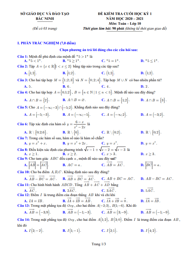 Đề thi cuối học kì 1 (HK1) lớp 10 môn Toán năm học 2020 2021 sở GD ĐT Bắc Ninh