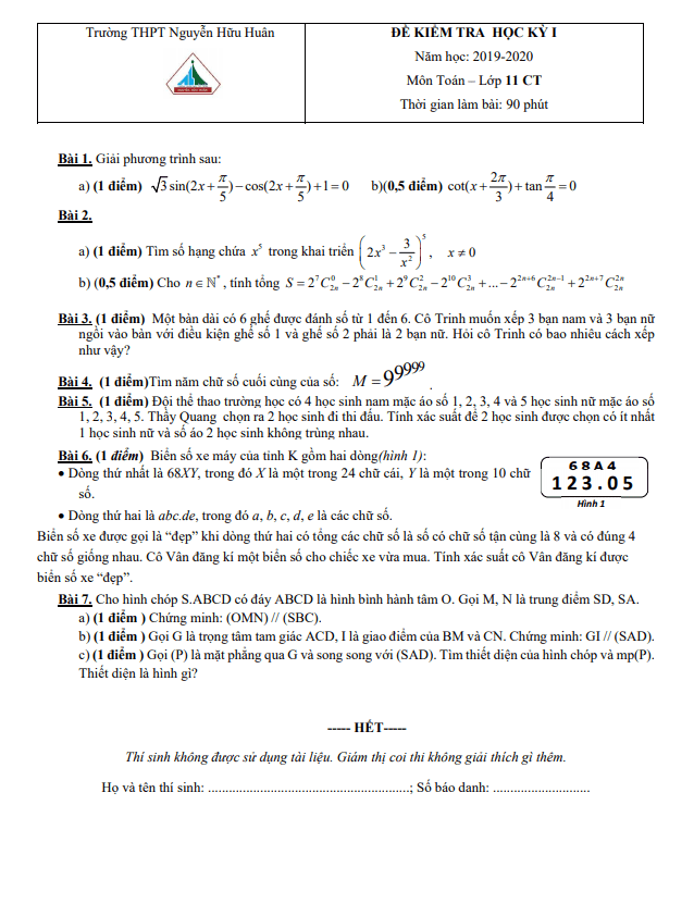 Đề thi cuối học kì 1 (HK1) lớp 11 môn Toán năm 2019 2020 trường THPT Nguyễn Hữu Huân TP HCM