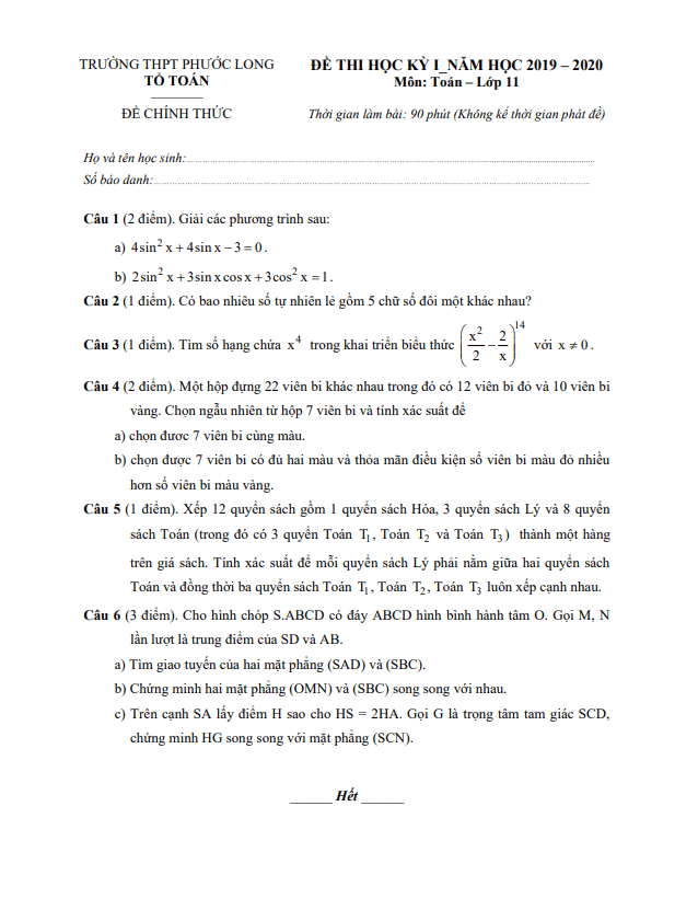 Đề thi cuối học kì 1 (HK1) lớp 11 môn Toán năm 2019 2020 trường THPT Phước Long TP HCM