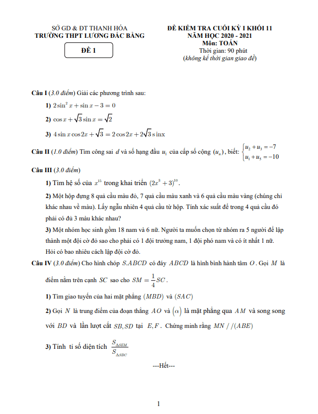 Đề thi cuối học kì 1 (HK1) lớp 11 môn Toán năm 2020 2021 trường Lương Đắc Bằng Thanh Hóa