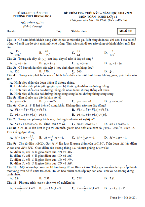 Đề thi cuối học kì 1 (HK1) lớp 11 môn Toán năm 2020 2021 trường THPT Hướng Hóa Quảng Trị