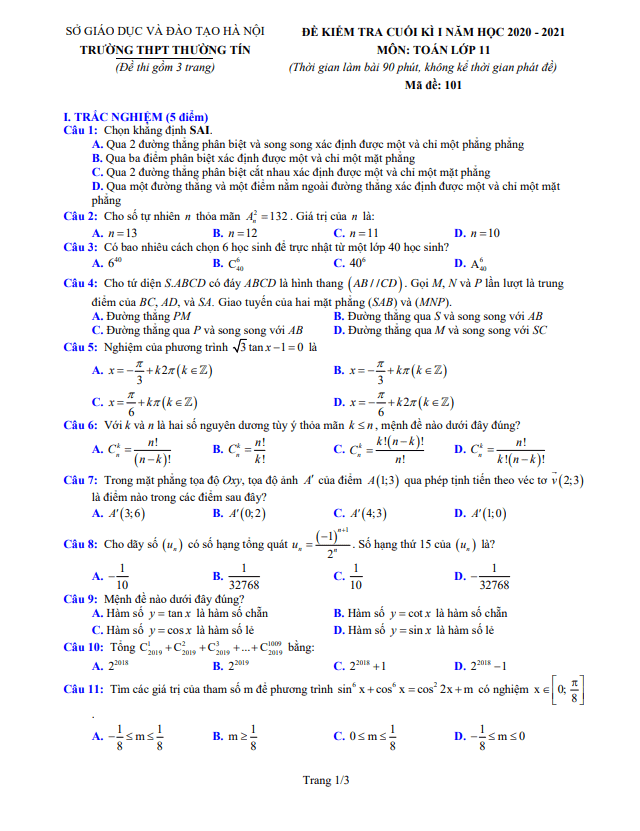 Đề thi cuối học kì 1 (HK1) lớp 11 môn Toán năm 2020 2021 trường THPT Thường Tín Hà Nội