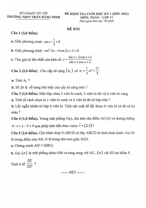 Đề thi cuối học kì 1 (HK1) lớp 11 môn Toán năm 2020 2021 trường THPT Trần Đăng Ninh Hà Nội