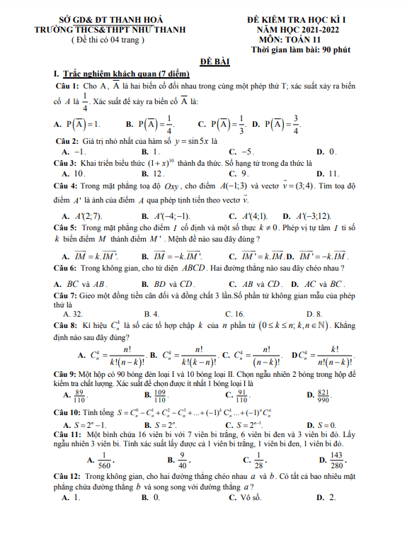 Đề thi cuối học kì 1 (HK1) lớp 11 môn Toán năm 2021 2022 trường Như Thanh Thanh Hóa