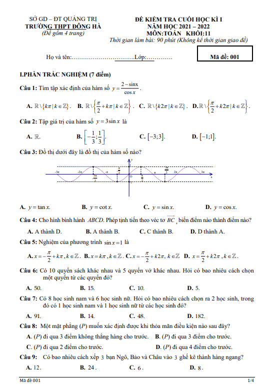 Đề thi cuối học kì 1 (HK1) lớp 11 môn Toán năm 2021 2022 trường THPT Đông Hà Quảng Trị