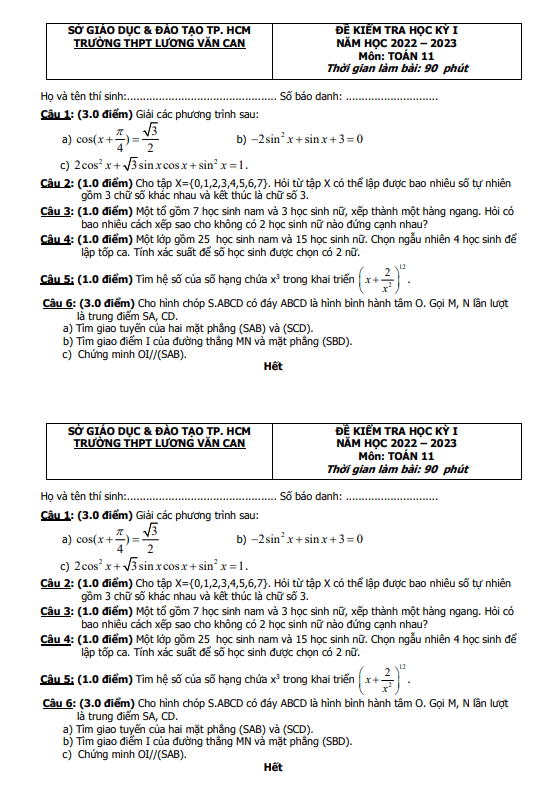 Đề thi cuối học kì 1 (HK1) lớp 11 môn Toán năm 2022 2023 trường THPT Lương Văn Can TP HCM