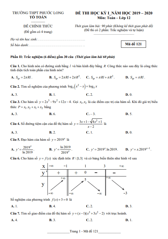 Đề thi cuối học kì 1 (HK1) lớp 12 môn Toán năm 2019 2020 trường THPT Phước Long TP HCM