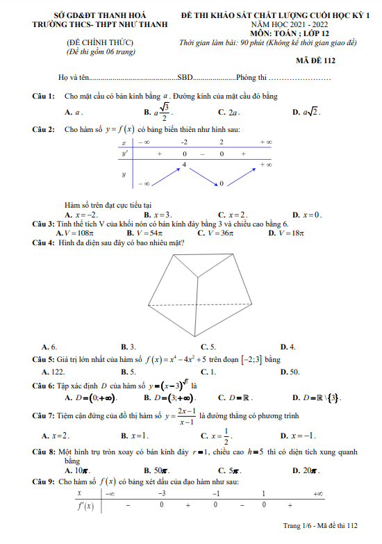 Đề thi cuối học kì 1 (HK1) lớp 12 môn Toán năm 2021 2022 trường Như Thanh Thanh Hóa