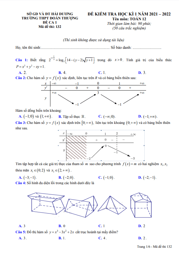 Đề thi cuối học kì 1 (HK1) lớp 12 môn Toán năm 2021 2022 trường THPT Đoàn Thượng Hải Dương