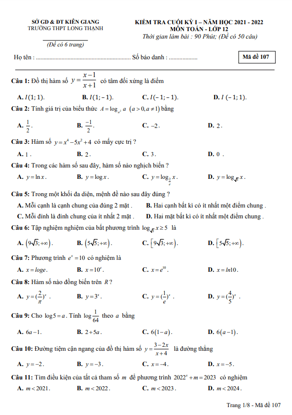 Đề thi cuối học kì 1 (HK1) lớp 12 môn Toán năm 2021 2022 trường THPT Long Thạnh Kiên Giang