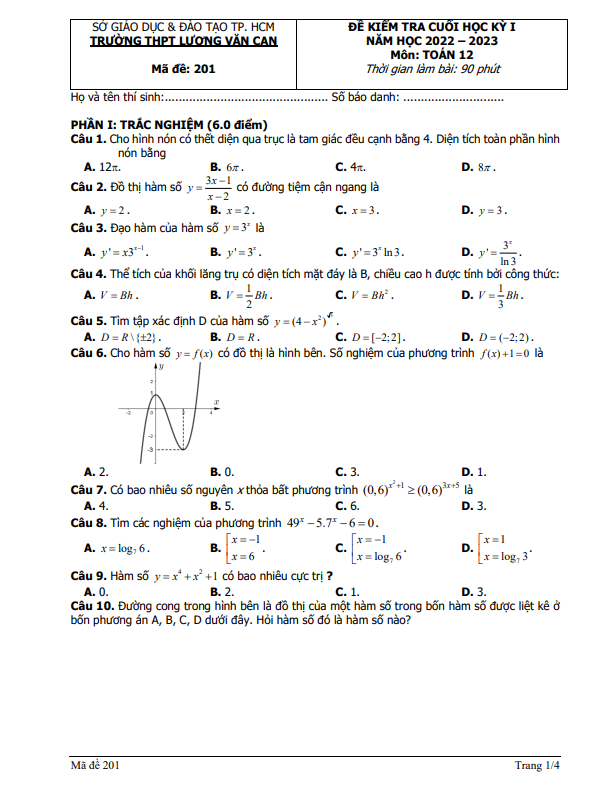 Đề thi cuối học kì 1 (HK1) lớp 12 môn Toán năm 2022 2023 trường THPT Lương Văn Can TP HCM