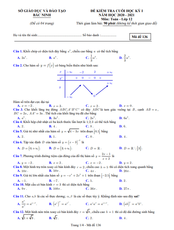 Đề thi cuối học kì 1 (HK1) lớp 12 môn Toán năm học 2020 2021 sở GD ĐT Bắc Ninh