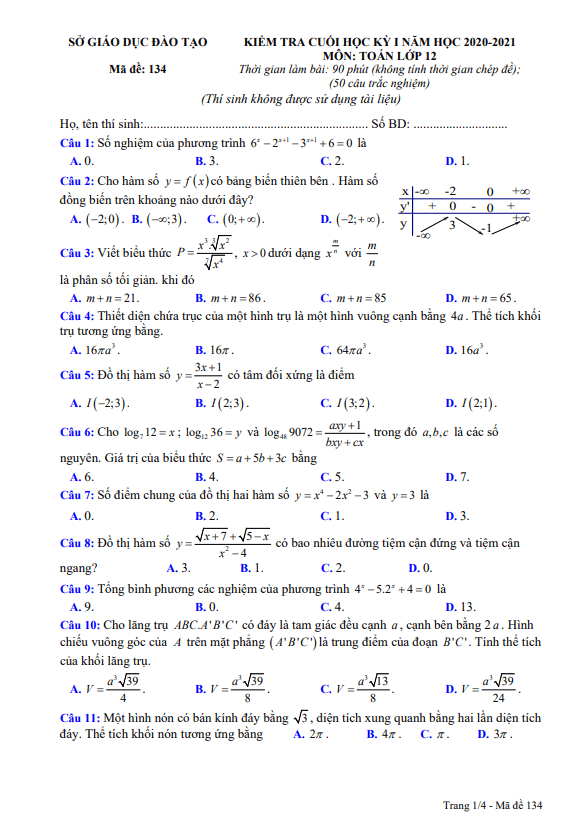 Đề thi cuối học kì 1 (HK1) lớp 12 môn Toán năm học 2020 2021 sở GD ĐT Bình Dương
