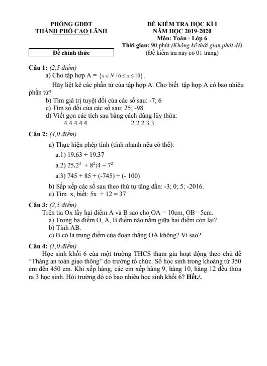 Đề thi cuối học kì 1 (HK1) lớp 6 môn Toán năm 2019 2020 phòng GD ĐT TP Cao Lãnh Đồng Tháp