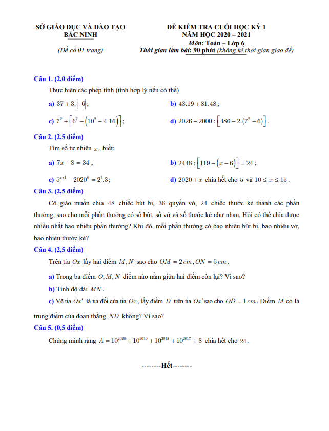Đề thi cuối học kì 1 (HK1) lớp 6 môn Toán năm 2020 2021 sở GD ĐT Bắc Ninh