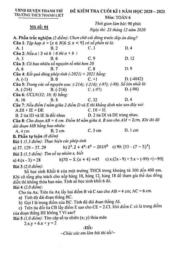 Đề thi cuối học kì 1 (HK1) lớp 6 môn Toán năm 2020 2021 trường THCS Thanh Liệt Hà Nội