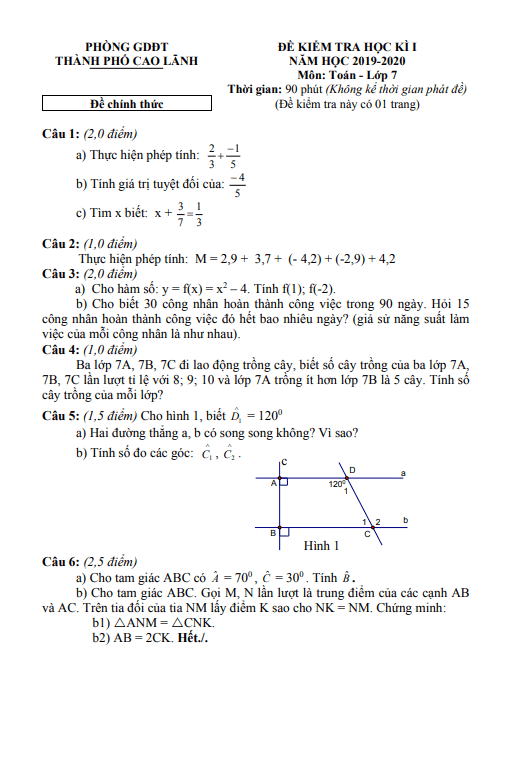 Đề thi cuối học kì 1 (HK1) lớp 7 môn Toán năm 2019 2020 phòng GD ĐT TP Cao Lãnh Đồng Tháp