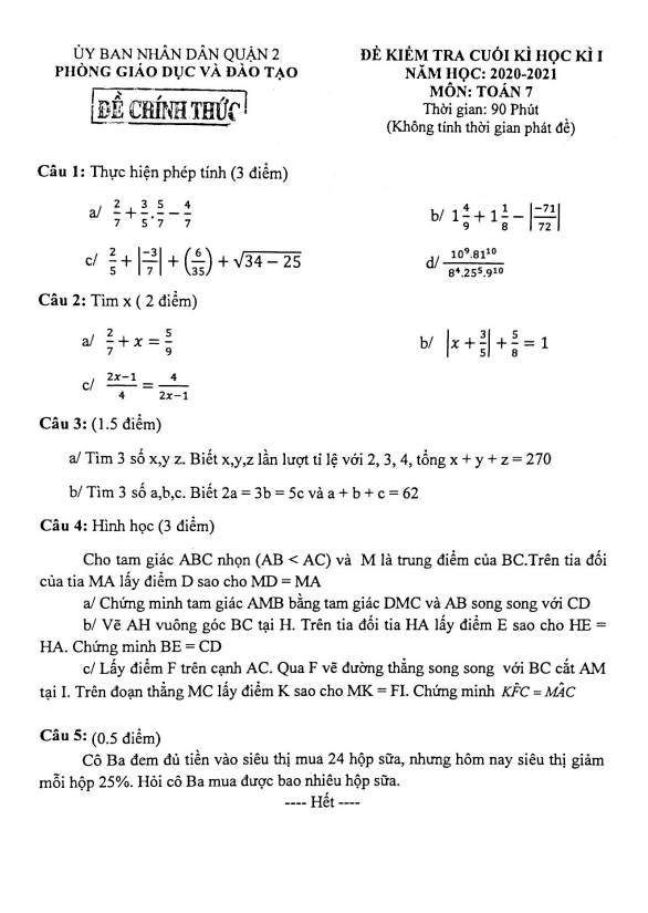 Đề thi cuối học kì 1 (HK1) lớp 7 môn Toán năm 2020 2021 phòng GD ĐT Quận 2 TP HCM