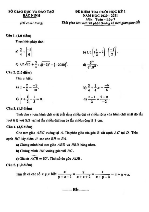 Đề thi cuối học kì 1 (HK1) lớp 7 môn Toán năm 2020 2021 sở GD ĐT Bắc Ninh