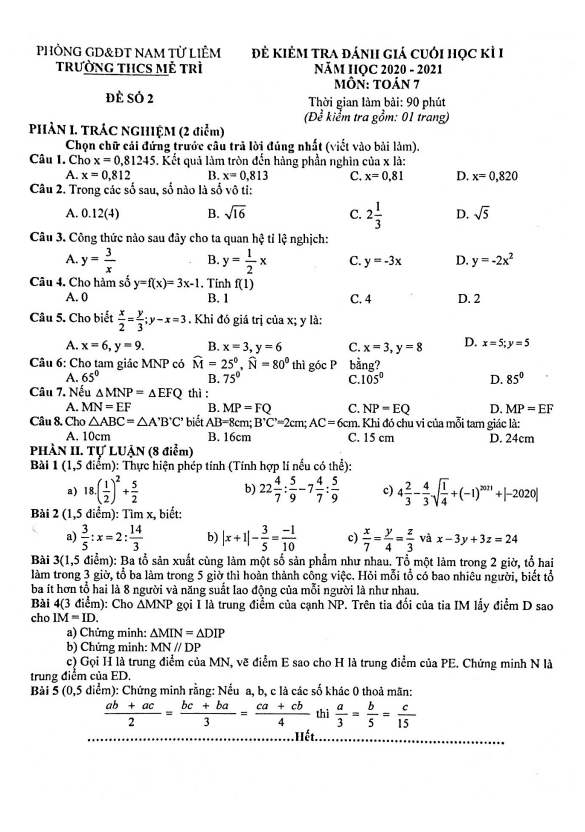 Đề thi cuối học kì 1 (HK1) lớp 7 môn Toán năm 2020 2021 trường THCS Mễ Trì Hà Nội