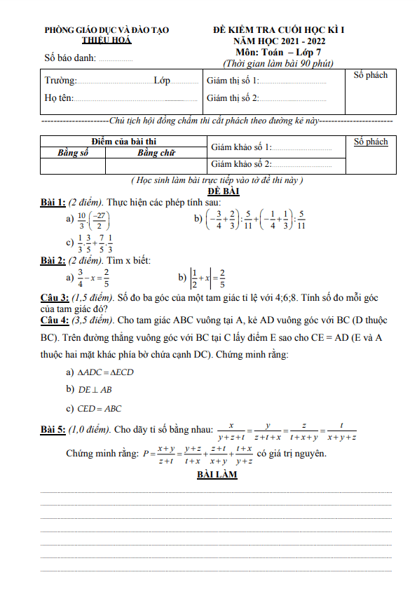 Đề thi cuối học kì 1 (HK1) lớp 7 môn Toán năm 2021 2022 phòng GD ĐT Thiệu Hóa Thanh Hóa