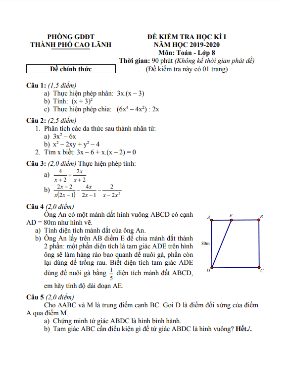 Đề thi cuối học kì 1 (HK1) lớp 8 môn Toán năm 2019 2020 phòng GD ĐT TP Cao Lãnh Đồng Tháp
