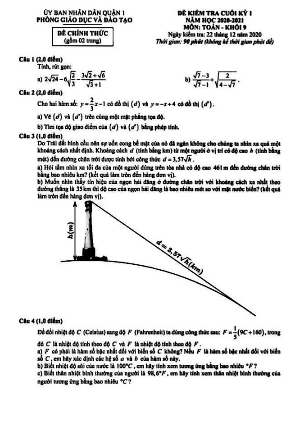 Đề thi cuối học kì 1 (HK1) lớp 9 môn Toán năm 2020 2021 phòng GD ĐT Quận 1 TP HCM