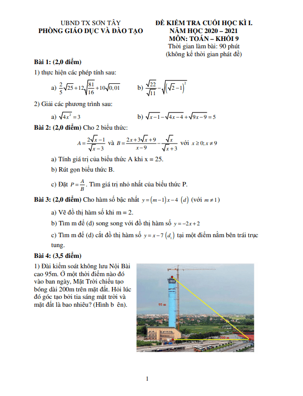 Đề thi cuối học kì 1 (HK1) lớp 9 môn Toán năm 2020 2021 phòng GD ĐT Sơn Tây Hà Nội