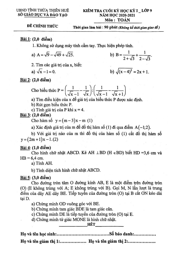 Đề thi cuối học kì 1 (HK1) lớp 9 môn Toán năm 2020 2021 sở GD ĐT Thừa Thiên Huế