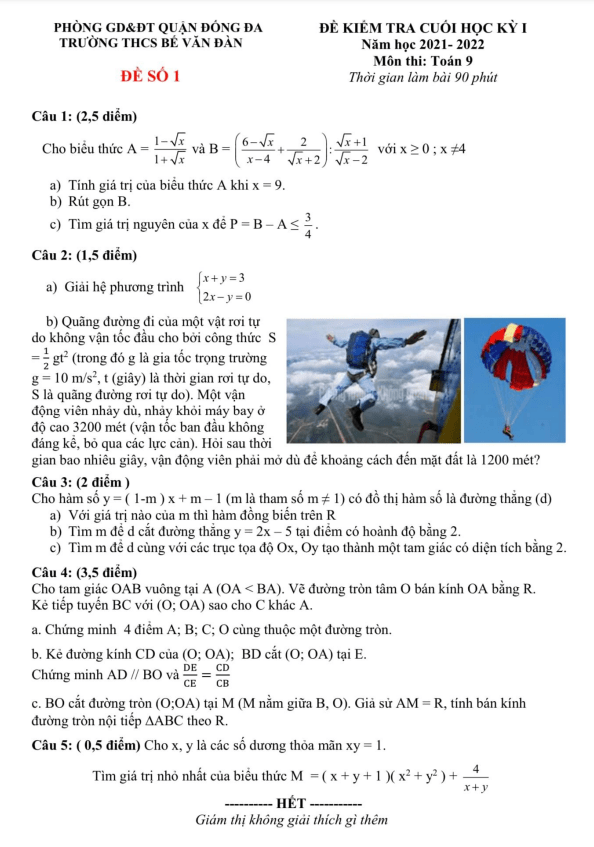 Đề thi cuối học kì 1 (HK1) lớp 9 môn Toán năm 2021 2022 trường THCS Bế Văn Đàn Hà Nội
