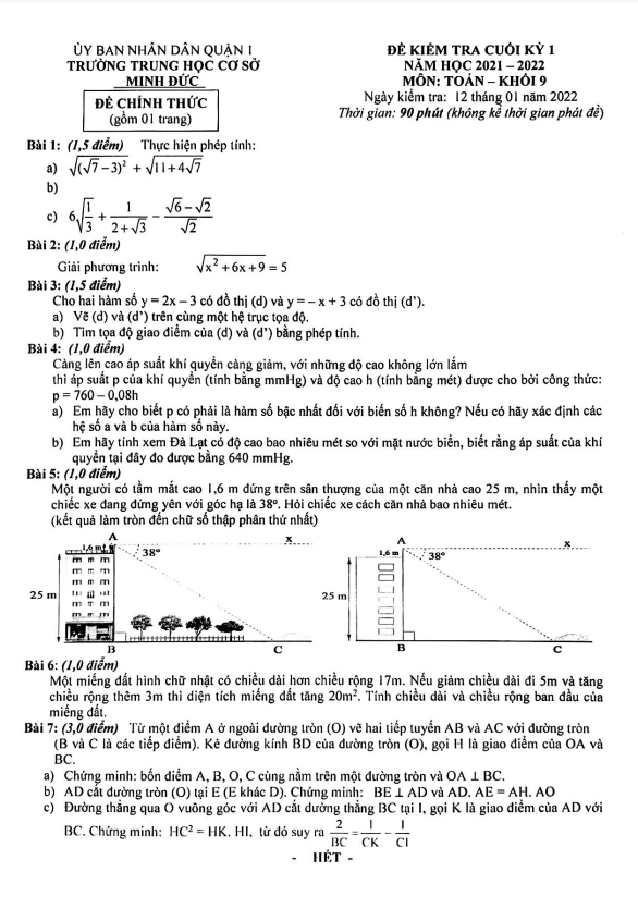 Đề thi cuối học kì 1 (HK1) lớp 9 môn Toán năm 2021 2022 trường THCS Minh Đức TP HCM