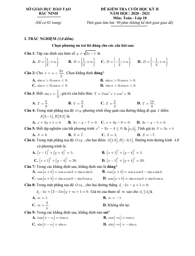 Đề thi cuối học kì 2 (HK2) lớp 10 môn Toán năm 2020 2021 sở GD ĐT Bắc Ninh