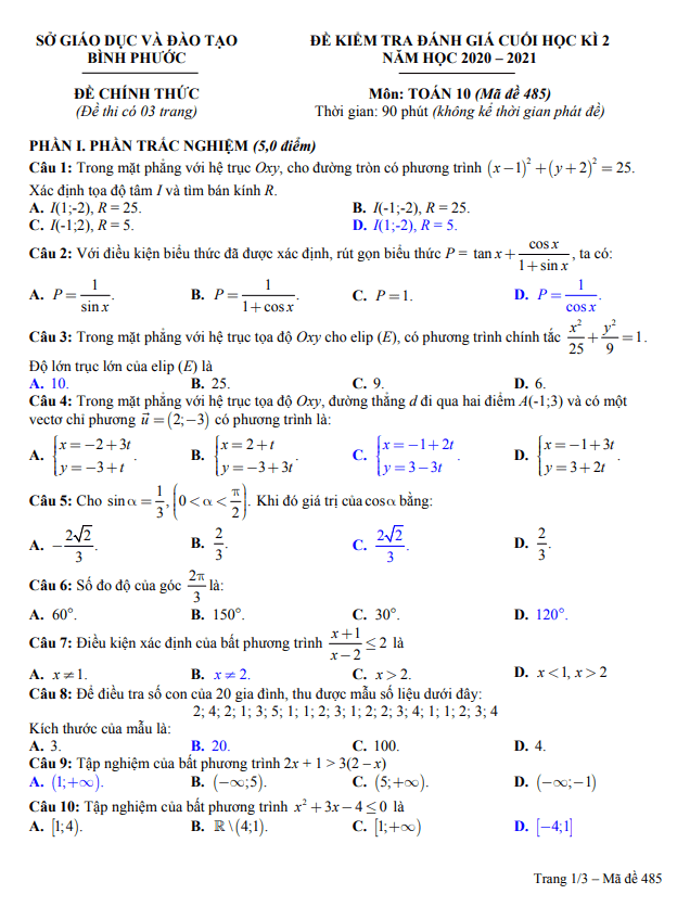 Đề thi cuối học kì 2 (HK2) lớp 10 môn Toán năm 2020 2021 sở GD ĐT Bình Phước