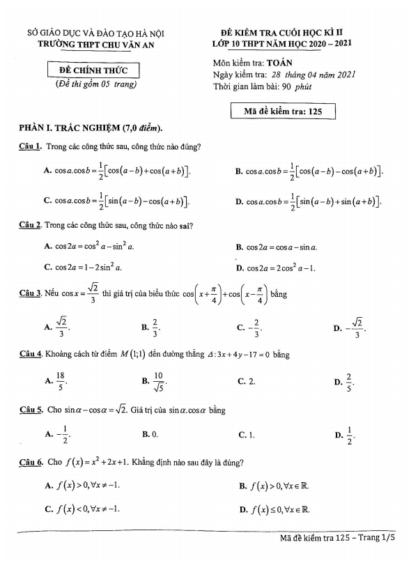 Đề thi cuối học kì 2 (HK2) lớp 10 môn Toán năm 2020 2021 trường THPT Chu Văn An Hà Nội