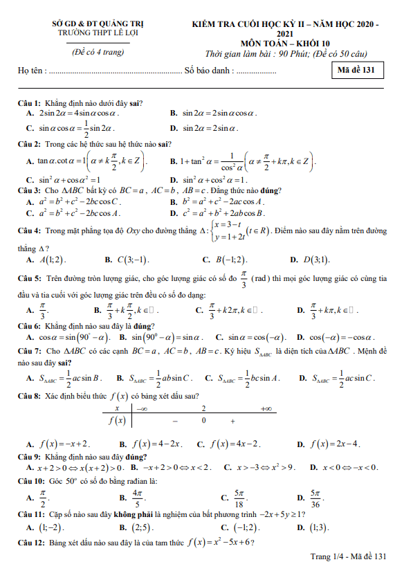 Đề thi cuối học kì 2 (HK2) lớp 10 môn Toán năm 2020 2021 trường THPT Lê Lợi Quảng Trị